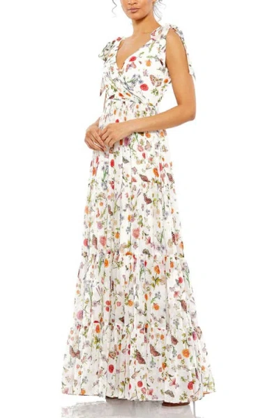 Mac Duggal Floral Print Sleeveless Soft Tie Shoulder Gown In White Multi