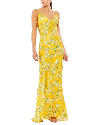 Mac Duggal Floral Print Sleeveless Trumpet Gown In Yellow