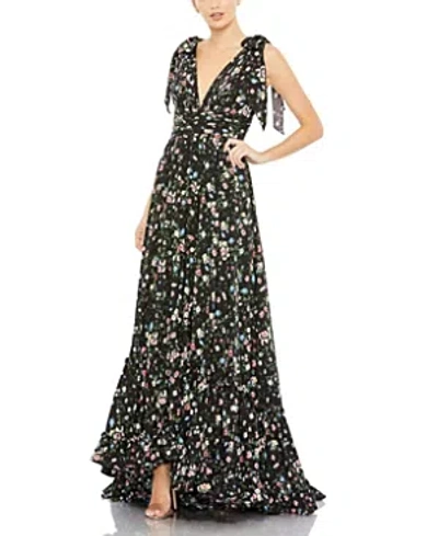Mac Duggal Floral Print Soft Tie Sleeveless Tiered Gown In Black Multi