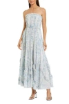 Mac Duggal Floral Print Strapless Cotton Gown Featuring Ruffled Accents In Blue