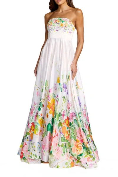 Mac Duggal Floral Print Strapless Satin A Line Gown With Pockets In Multi