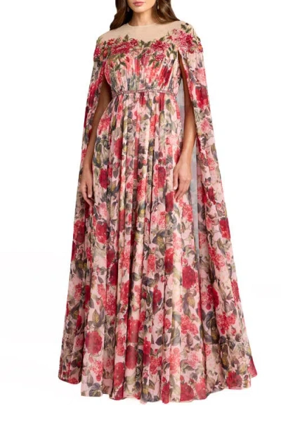 Mac Duggal Floral Printed Chiffon High Neck Cape Gown In Multi
