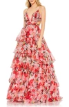 Mac Duggal Floral Printed Chiffon Ruffle Tiered Cut Out Ballgown In Pink Multi