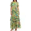 Mac Duggal Floral Printed Chiffon Tiered Ruffle Gown In Green Multi