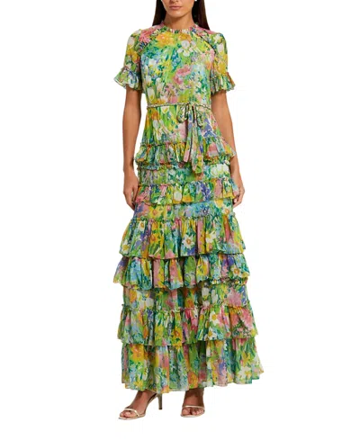 MAC DUGGAL FLORAL PRINTED CHIFFON TIERED RUFFLE GOWN
