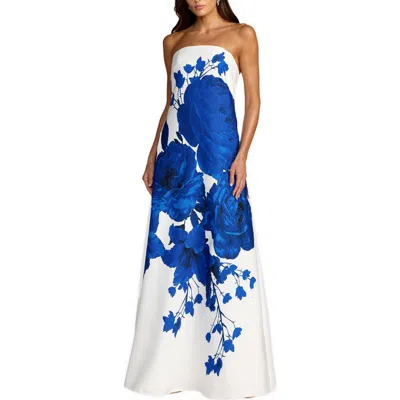 Mac Duggal Floral Printed Crepe Strapless Trapeze Gown In White