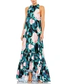 Mac Duggal Sleeveless High Neck Floral Print High Low Maxi Dress In Black Multi