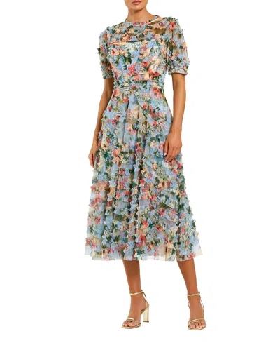 Mac Duggal Floral Printed Mesh Ruffle High Neck Midi Dress In Blue Multi