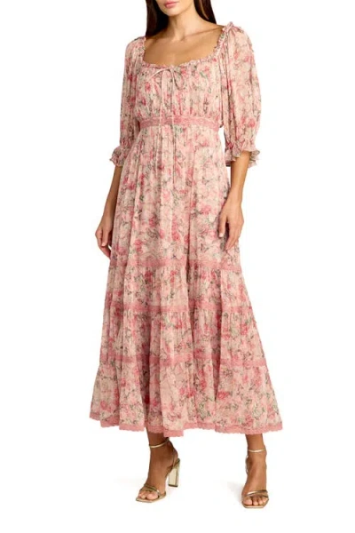 Mac Duggal Floral Printed Scoop Neck Midi Dress With 3/4 Sleeves In Pink