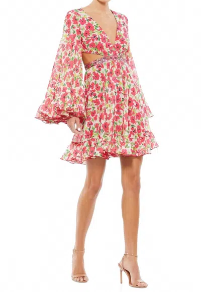 Mac Duggal Floral Printed Short Bell Dress In Pink Multi