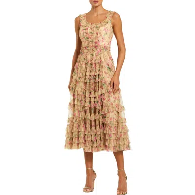 Mac Duggal Floral Printed Sleeveless Ruffle Midi Dress In Multi
