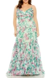 Mac Duggal Floral Printed Tiered Gown With Ruched Detailing In Multi