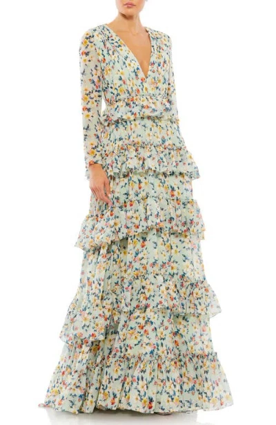 Mac Duggal Floral Printed Tiered Ruffle Long Sleeve Gown In Multi