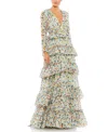 Mac Duggal Floral Printed Tiered Ruffle Long Sleeve Gown In Multi