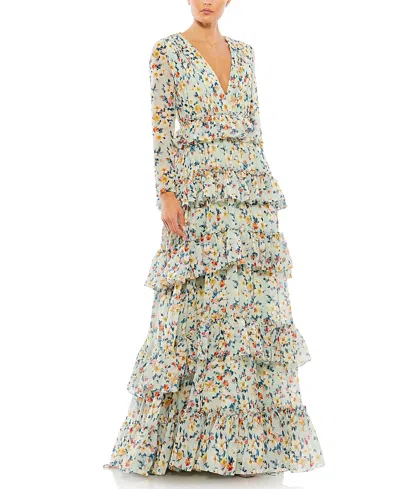 MAC DUGGAL FLORAL PRINTED TIERED RUFFLE LONG SLEEVE GOWN