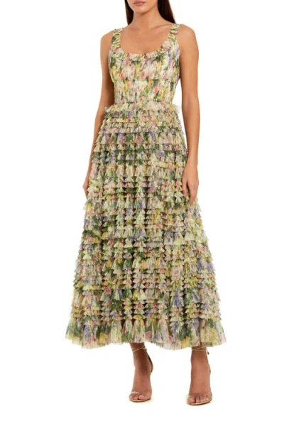 Mac Duggal Floral Printed Tiered Ruffle Smocked Midi Dress In Multi