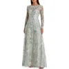 Mac Duggal Floral Rhinestone Embroidered Sweetheart Illusion Long Sleeve Gown In Mist