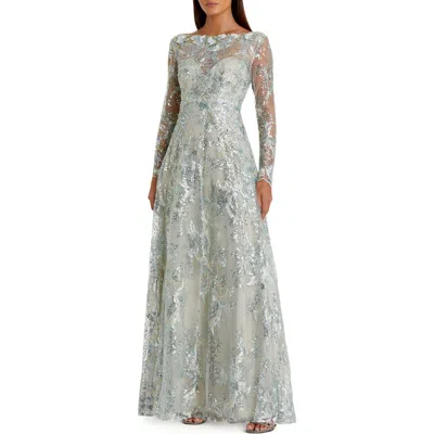 Mac Duggal Floral Rhinestone Embroidered Sweetheart Illusion Long Sleeve Gown In Mist