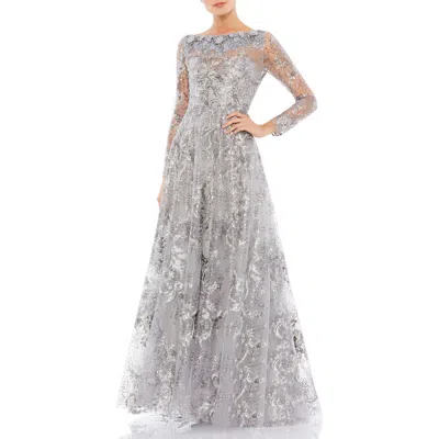 Mac Duggal Floral Rhinestone Embroidered Sweetheart Illusion Long Sleeve Gown In Sterling