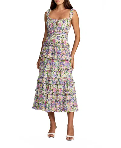 Mac Duggal Vibrant Floral Ruffle A-line Cotton Midi Dress In Multi