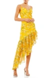 Mac Duggal Floral Ruffle Asymmetrical Slit Gown In Yellow Multi