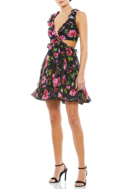 Mac Duggal Floral Ruffle Cut Out Lace Up Flowy Mini Dress In Black Multi