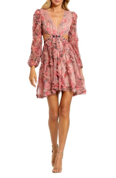 Mac Duggal Floral Ruffle Cutout Chiffon A-line Cocktail Dress In Rose Multi
