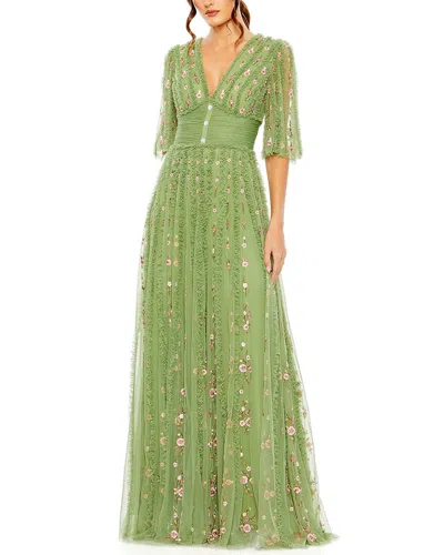 Mac Duggal Floral V-neck Ruffle Detail Empire Waist Gown In Moss Green