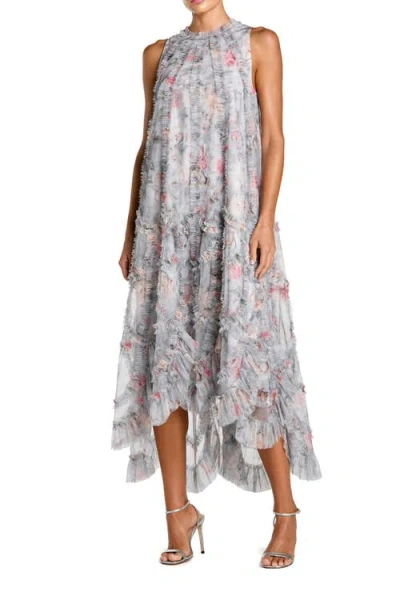 Mac Duggal Floral Ruffle High Neck Midi Dress In Gray