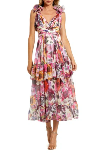 Mac Duggal Floral Ruffle Plissé Midi Cocktail Dress In White Multi