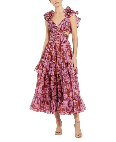 Mac Duggal Floral Ruffle Tiered Cut-out Chiffon Dress In Multi