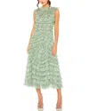 Mac Duggal Floral Ruffle Tiered Mesh Mock Neck Sleeveless Dress In Green