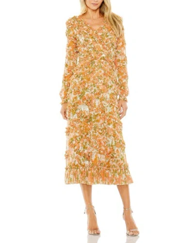Mac Duggal Floral Ruffle Tiered V-neck Mesh Long Sleeve Dress In Multi