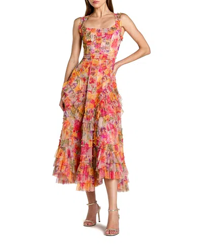 Mac Duggal Floral Scoop Neck A-line Ruffle Midi Dress In Pink