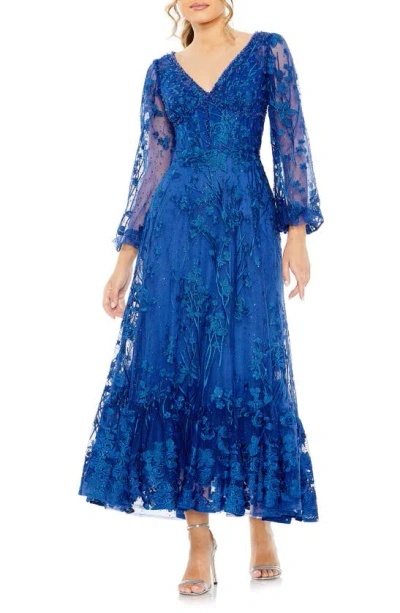 Mac Duggal Women's Embroidered Floral Puff-sleeve Gown In Royal
