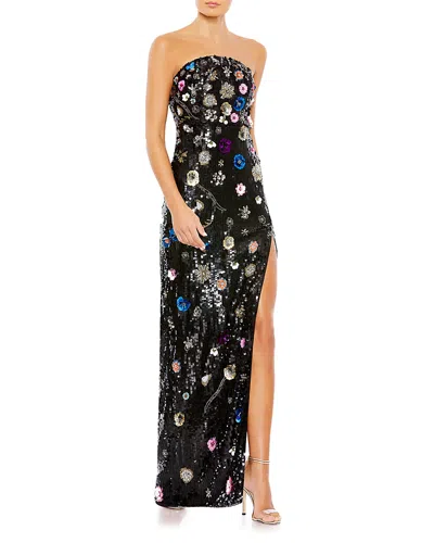 Mac Duggal Floral Sequined Strapless Column Gown In Black Multi