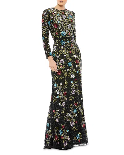 MAC DUGGAL FLORAL SEQUIN LONG SLEEVE GOWN