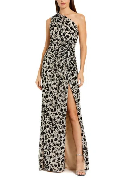 Mac Duggal Floral Sequin One Shoulder Column Gown With Slit In Multi