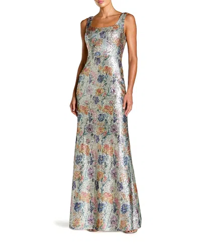 Mac Duggal Floral Sequin Sleeveless Square Neck Fitted Gown In Multi