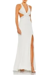 Mac Duggal Floral Sequined Criss Cross Bodice Gown In White