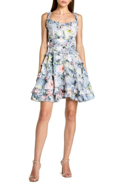 Mac Duggal Ruffle Floral Sweetheart Neck Mini Dress In Multi