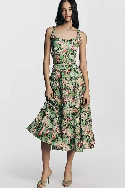 Mac Duggal Floral Square-neck Ruffle Cotton Midi Dress In Green
