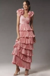 MAC DUGGAL FLORAL-STRAP TIERED RUFFLED PLEATED SATIN MAXI DRESS