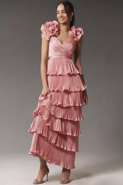 Mac Duggal Floral-strap Tiered Ruffled Pleated Satin Maxi Dress In Pink