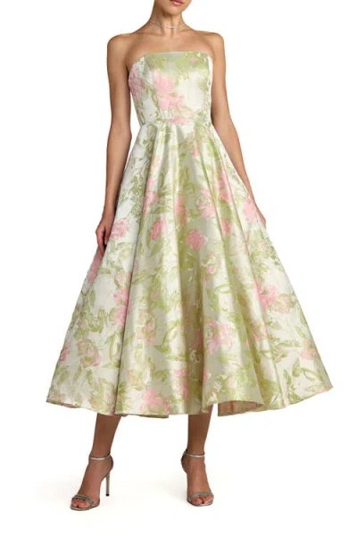 Mac Duggal Floral Strapless A-line Midi Dress In Green