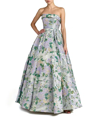 Mac Duggal Multicolor Floral Strapless Brocade Ballgown In Green