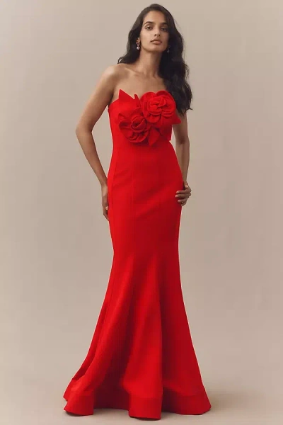Mac Duggal Floral Strapless Mermaid Gown In Red