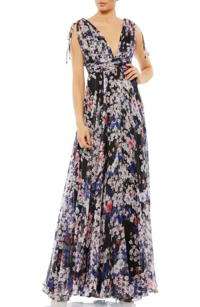 Mac Duggal Floral Tie Shoulder V-neck Maxi Dress