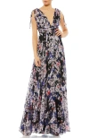 Mac Duggal Floral Tie Shoulder V-neck Maxi Dress In Black