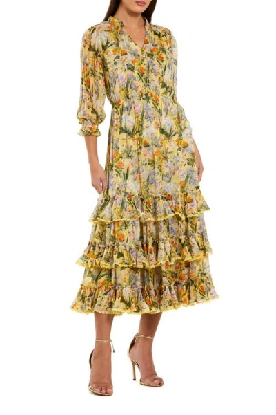 Mac Duggal Floral V-neck Ruffle Midi Dress With 3/4 Sleeves In Green